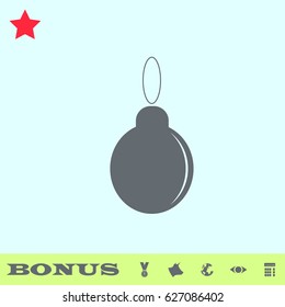 Christmas ball icon flat. Grey pictogram on blue background. Vector illustration symbol and bonus buttons medal, cow, earth, eye, calculator