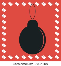 Christmas ball icon flat. Simple black pictogram on red background with white hearts for valentines day. Vector illustration symbol