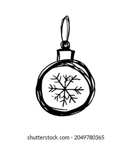 Christmas ball icon. Ink outline linear sketch drawing. Side view. Vector simple flat graphic hand drawn illustration. The isolated object on a white background. Isolate.