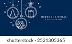 Christmas ball icon isolated on a blue background. Christmas card with holidays decoration. Christmas balls border . Marry Christmas and Happy New Year background.