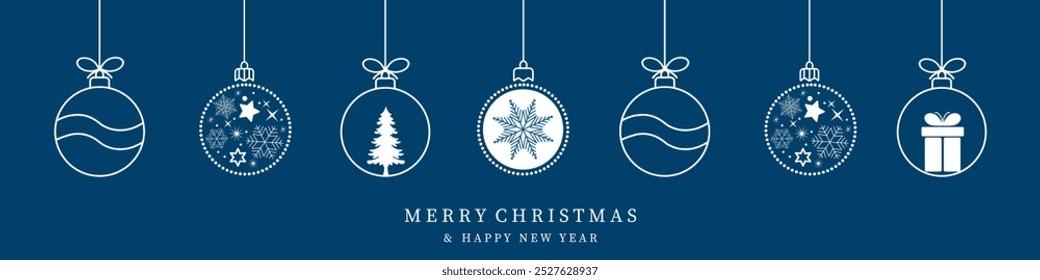 Christmas ball icon isolated on a blue background. Christmas card with holidays decoration.Christmas balls border . Marry Christmas and Happy New Year background.