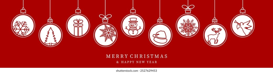 Christmas ball icon isolated on a red background. Christmas card with holidays decoration.Christmas balls border . Marry Christmas and Happy New Year background.