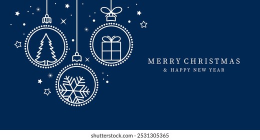 Christmas ball icon isolated on a blue background. Christmas card with holidays decoration. Christmas balls border . Marry Christmas and Happy New Year background.