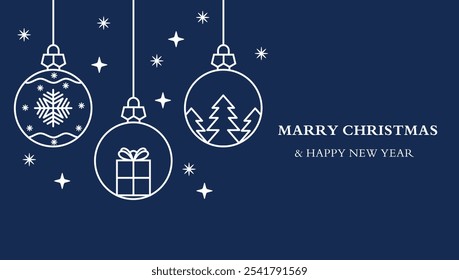 Weihnachtsballsymbol einzeln auf blauem Hintergrund. Weihnachtskarte mit Feiertagsdekoration. Weihnachtsbälle Rahmen. Heiraten Sie Weihnachten und Happy New Year Hintergrund.