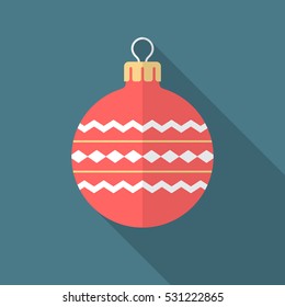 Christmas ball icon with long shadow. Flat design style. Christmas ball simple silhouette. Modern flat icon in stylish colors. Web site page and mobile app design vector element.