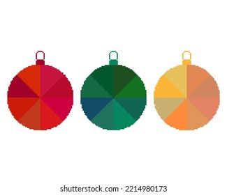 Christmas ball icon in pixel art style. 8 bit christmas balls isolated on white background. Colorful christmas tree toys in retro style. Template for banner, poster, greeting card. Vector illustration