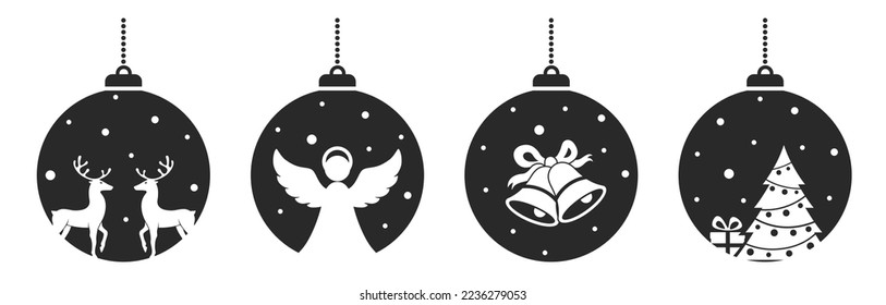 Juego de iconos de bola de Navidad. ángel, ciervos, campanas y abetos. elemento vector para el diseño de Año Nuevo, Navidad e invierno. imagen vectorial aislada