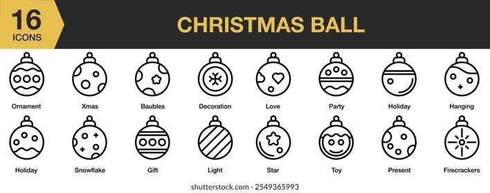 Christmas Ball icon set. Includes ornament, xmas, decoration, gift, holiday, party, and More. Outline icons vector collection.