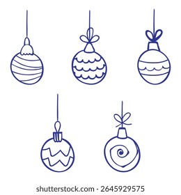 Christmas ball icon set. Outline blue marker ink contour, doodle sketch hand drawn blob stroke line. Hanging toy collection. Festive ornament, new year party graphic web design. Vector illustration