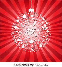 Christmas Ball From Icons With Beams And Stars, On Red Background, Vector Illustration