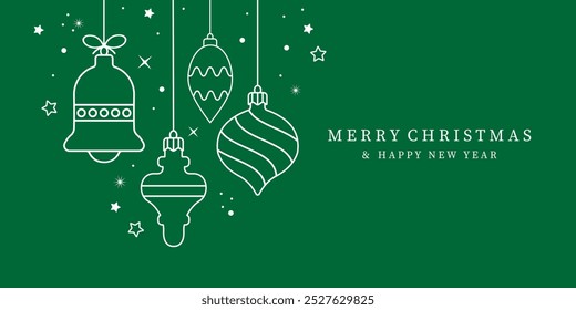 Christmas ball icons isolated on a green background. Christmas card with holidays decoration.Christmas balls border . Marry Christmas and Happy New Year background.