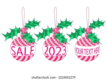 Christmas ball with ilex leaves, berries and copy space for banner isolated on white background. Editable concept for Christmas sales season, advertising, poster, flyer, or other. Vector illustration.