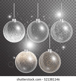 Christmas ball isolated. New year decorations, 2018.  Abstract light. Set of holiday elements. Vector illustration of a transparent backdrop.

