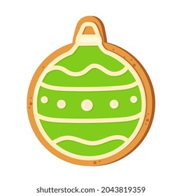 Christmas ball isolated on white background. Christmas gingerbread cookie. Winter holiday food. Happy new year. Merry Christmas holiday. Vector illustration.