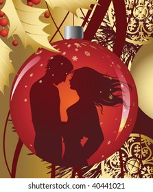 Christmas Ball with kissing couple. All elements and textures are individual objects. Vector illustration scale to any size.