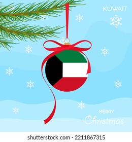 Christmas ball with the Kuwait flag, decorates the Christmas tree branch. Illustration of a Christmas ball with the flag of Kuwait in a Christmas tree branch on a beautiful winter background. Vector 