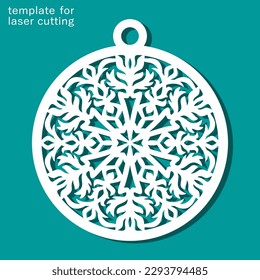 Christmas ball with lacy snowflake. Round hanging decoration for the New Year holidays. Template for plotter laser cutting of paper, stucco, wood carving, metal engraving, cnc. Vector illustration.