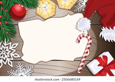 Christmas Ball, Lanterns, Pine Tree Branches, Cranberries, Santa Hat, Gift, Snowflakes, and Candy Cane with Blank Page for Copyspace on Rustic Wooden Surface 