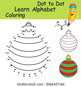 Christmas Ball. Learning the uppercase letters of the English alphabet with cartoon New year tree toy. Winter symbol. Dot to dot game with letters for kids. Coloring worksheet for practicing alphabet.