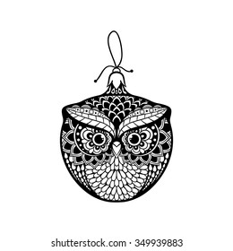 Christmas ball like face of Owl decorated in zentangle style, Christmas and New Year mood. Hand drawn patterned vector illustration.