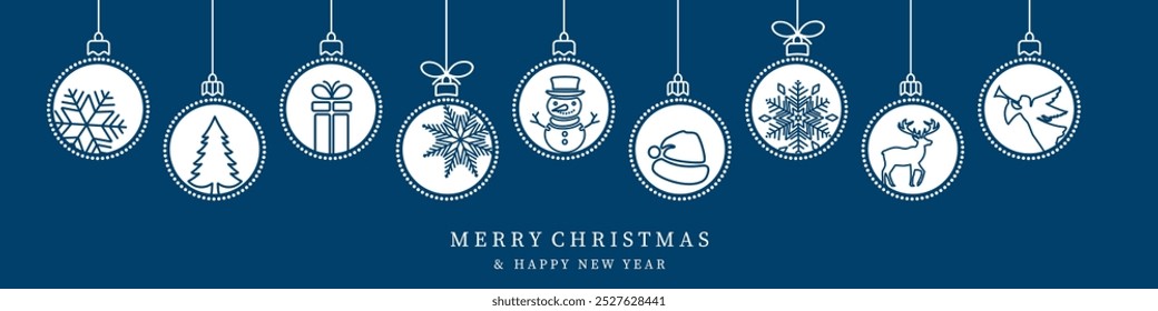 Christmas ball  line icon isolated on a blue background . Christmas card with holidays decoration.Christmas balls border . Marry Christmas and Happy New Year background.