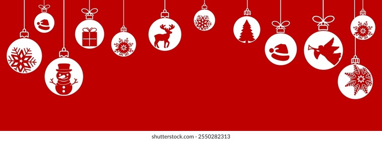 Christmas ball line icon.Set of simple red hanging christmas balls seamless border . Holiday christmas decoration. New Year seamless banner .