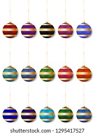 Christmas ball with line pattern on white background for holiday decoration. Christmas balls vector illustration in different colors. Set of 15 for tree decorations, banner, poster and advertising.