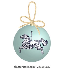 Christmas ball with linen bow and string. Vintage vector illustration of Christmas ball with Merry go round horse.
