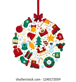 Christmas ball made of colourful Christmas elements.
Vector illustration in pixel style. Pixel art poster.Holiday banner. Christmas postcard. 