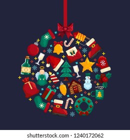 Christmas ball made of colourful Christmas elements.
Vector illustration in pixel style. Pixel art poster.Holiday banner. Christmas postcard. 