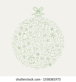 Christmas ball made of festive icons. Xmas decoration. Vector