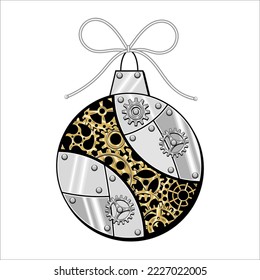 Christmas ball made of shiny silver metal plates, gears, cogwheels, rivets in steampunk style. Vector illustration.