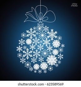 Christmas ball made of snowflakes, vector blue background, vector design xmas illustration.