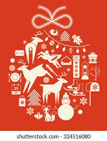 Christmas ball made of winter activity silhouettes, holidays, and deer silhouettes.