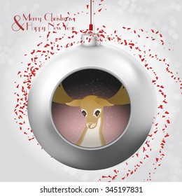Christmas Ball with magic glitter, confetti and deer on the gray background. A beautiful modern design that fits perfectly with Christmas cards and Christmas campaigns, print and web products.