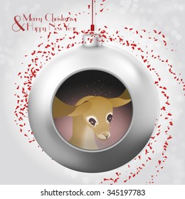Christmas Ball with magic glitter, red confetti and deer. A beautiful modern design that fits perfectly with Christmas cards and Christmas campaigns, print and web products.