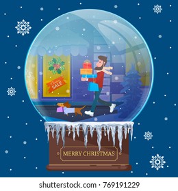 Christmas ball with a man and a Dachshund bearing gifts by shop. Vector