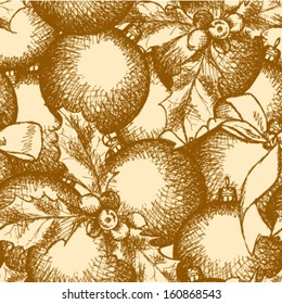 Christmas ball, mistletoe and bow, vector sketch background 
