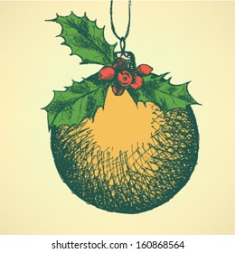 Christmas ball with mistletoe branch, vector sketch background 