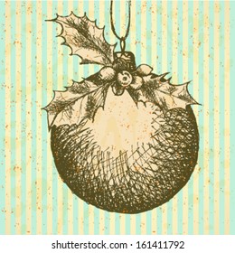 Christmas ball with mistletoe branch, vector sketch background 