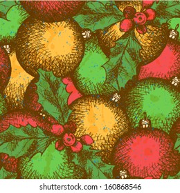 Christmas ball and mistletoe, vector sketch background
