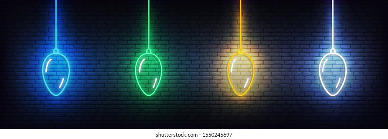 Christmas ball neon icons. Set of realistic colorful Xmas decorations glowing sign