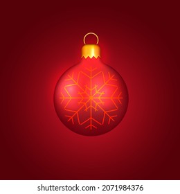 Christmas ball. New Year's red toy with a gold snowflake. Decoration for the Christmas tree, 3d vector illustration.