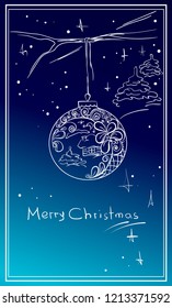 Christmas ball, night, winter landscape, stars, snow, snowflakes. Merry Christmas. Vector freehand drawing. Christmas ball, night, winter landscape, stars, snow, snowflakes.