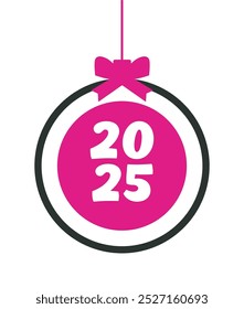 Christmas ball with the numbers 2025. Round Photo frame collage, template. Vector Holiday composition. Pink and black color. Flat illustration. EPS10.