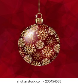 Christmas ball  on abstract triangles vector background in red tones.