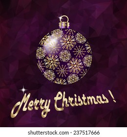 Christmas ball on abstract triangles vector background in violet tones.
