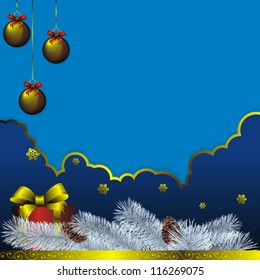 christmas ball on abstract winter frame with fir branch, gift and golden snowflakes decorated