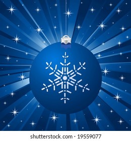 Christmas ball on a blue rays background. Vector illustration.