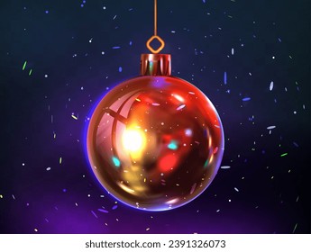 Christmas ball on a dark background with confetti. Vector illustration. Eps 10